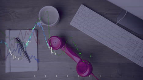 Animation-Der-Verarbeitung-Finanzieller-Daten-über-Telefon,-Tasse,-Notizbuch-Und-Tastatur-Auf-Dem-Schreibtisch