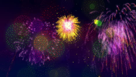 Animation-of-fireworks-exploding-on-purple-background