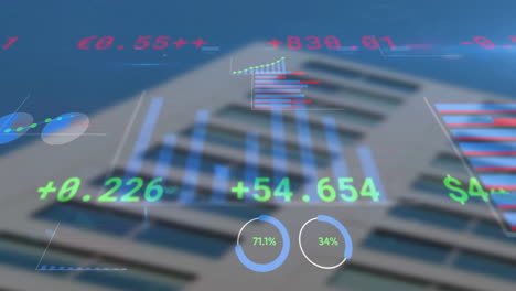 Animation-Der-Datenverarbeitung,-Diagramme-Und-Börse-über-Gebäude
