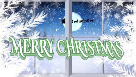 Animation-Von-Frohe-Weihnachten-Text-Und-Schnee-Fällt-über-Santa-Claus-Im-Schlitten-In-Der-Winterlandschaft