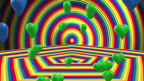 Animation-Von-Bunten-Herzförmigen-Luftballons,-Die-über-Regenbogenkreise-Und-Sechsecke-Fliegen