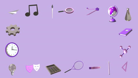 Animation-of-school-item-icons-moving-with-copy-space-on-purple-background