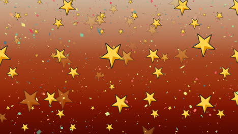 Animation-of-yellow-stars-over-falling-confetti-on-dark-orange-background