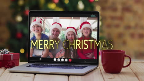 Animation-of-merry-christmas-text-over-caucasian-family-on-laptop-screen-and-christmas-decorations