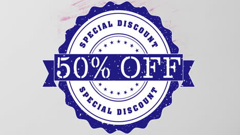 Animation-of-50-percent-off,-special-discount-text-on-blue-seal-over-pink-paint-brushstrokes