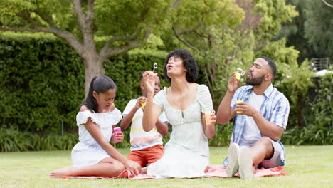 Glückliche-Afroamerikanische-Eltern,-Tochter-Und-Sohn-Pusten-Seifenblasen-Im-Garten,-Zeitlupe