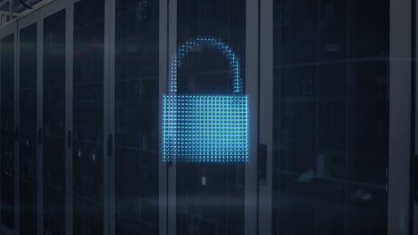 Animation-of-cloud-and-padlock-icons-with-light-trails-over-server-room
