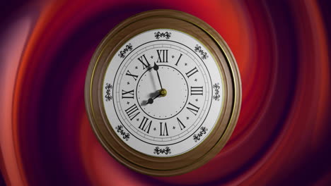 Animation-of-clock-ticking-over-red-swirls-background