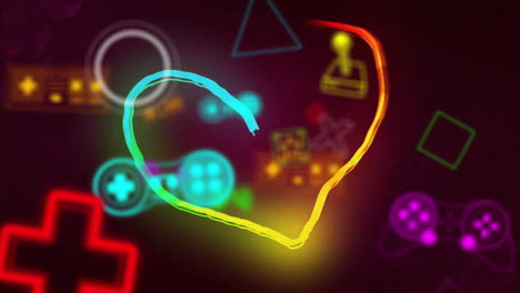 Animation-of-neon-heart,-video-game-icons-and-neon-pattern-on-black-background
