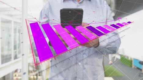 Animation-of-purple-diagram-over-biracial-man-using-smartphone