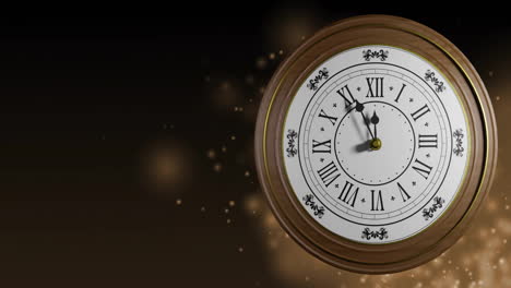 Animation-of-retro-clock-ticking-showing-midnight-with-spots-of-light-on-black-background
