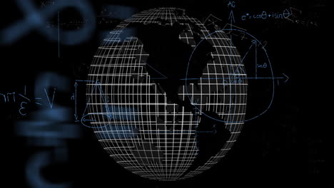 Animation-of-mathematical-data-processing-over-globe-on-black-background