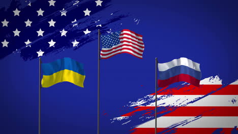 Animación-De-Banderas-De-Ucrania,-Estados-Unidos-Y-Rusia-Sobre-Fondo-Azul.