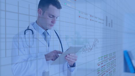 Animation-of-multiple-graphs-and-trading-boards-over-caucasian-doctor-scrolling-on-digital-tablet