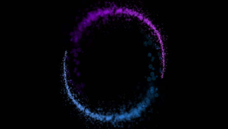 Animation-of-glowing-circle-of-purple-and-blue-light-trial-with-copy-space-on-black-background