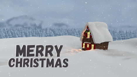 Animation-Von-Fröhlichem-Weihnachtstext-Und-Schnee,-Der-über-Ein-Haus-In-Einer-Winterlandschaft-Fällt