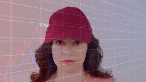 Animation-of-financial-data-processing-over-caucasian-woman-in-red-cap