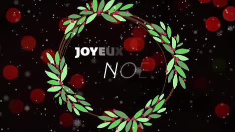 Animation-of-joyeux-noel-text-and-snow-falling-over-spot-lights-on-black-background