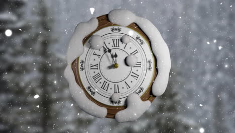 Animation-of-retro-clock-ticking-showing-midnight-in-winter-scenery