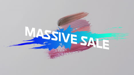 Animation-of-massive-sale-text-in-white-over-colourful-brushstrokes-on-grey