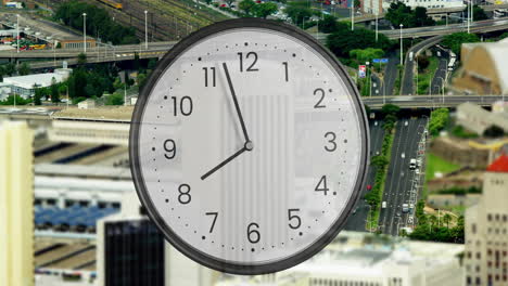 Animation-of-clock-ticking-over-cityscape