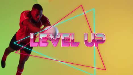 Animation-Eines-Level-Up-Textes-über-Einem-Neonfarbenen-Muster-Eines-Afroamerikanischen-Rugbyspielers