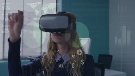 Animation-of-statistics-and-data-processing-over-caucasian-woman-in-vr-headset