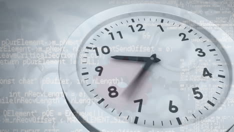 Animation-of-moving-clock-over-data-processing-and-cog-wheels-on-white-background