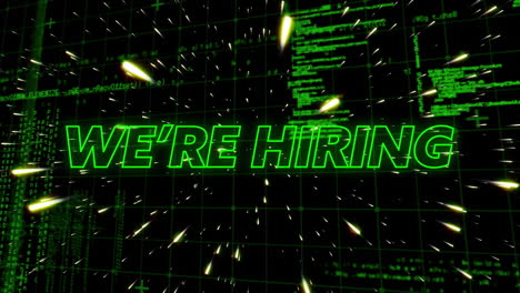 Animation-of-we're-hiring-neon-text-and-data-processing