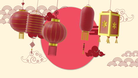Animation-of-lanterns-and-chinese-pattern-with-copy-space-on-yellow-background