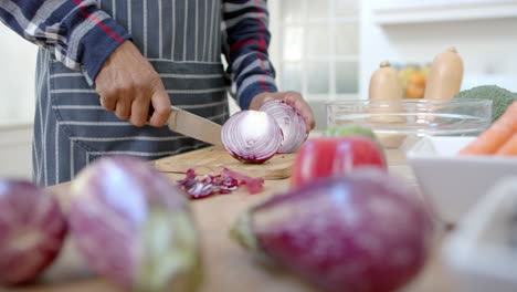 Senior-african-american-man-wearing-apron-cutting-onion-in-kitchen,-copy-space,-slow-motion