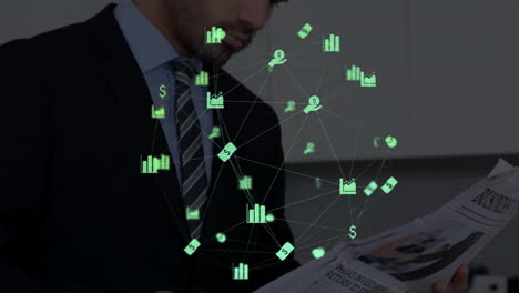 Animation-of-network-of-connections-with-icons-over-caucasian-businessman-reading-newspaper