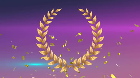 Animation-of-gold-victory-laurel-and-confetti-on-purple-background