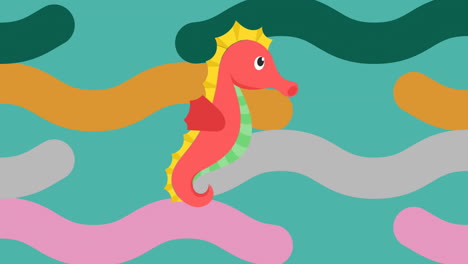 Animation-of-seahorse-and-colourful-shapes-on-green-background