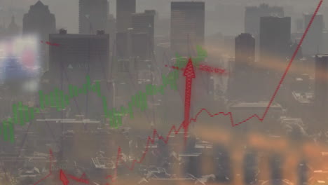Animation-of-stock-market-and-diagrams-over-cityscape