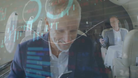 Animation-of-data-processing-over-happy-caucasian-businessmen-using-smartphones-on-plane