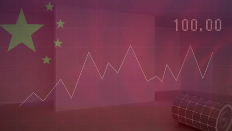 Animation-Der-Verarbeitung-Finanzieller-Daten-Und-Der-Flagge-Chinas-über-Solarmodulen