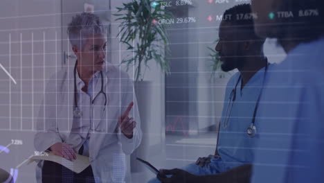 Animation-of-multiple-graphs-and-trading-boards-over-diverse-doctors-discussing-in-hospital