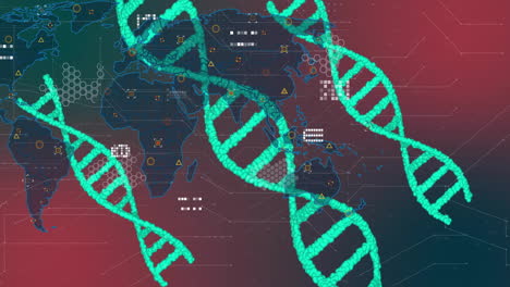 Animation-Von-DNA-Strängen-über-Einer-Weltkarte