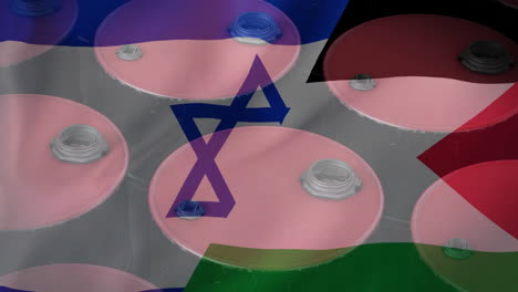Animation-Von-Ölfässern-über-Der-Flagge-Von-Palästina-Und-Israel