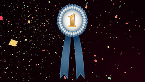 Animation-of-medal-with-gold-number-one-and-blue-ribbon-and-confetti-floating-on-black-background