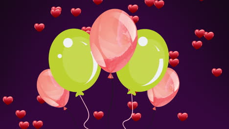 Animation-of-balloons-and-hearts-on-purple-background
