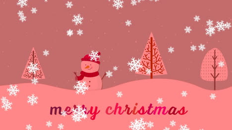 Animation-of-merry-christmas-text-and-snow-falling-over-snowman-in-winter-scenery