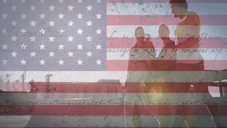 Animation-of-flag-of-usa-with-text-over-diverse-friends-walking