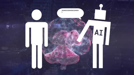 Animation-of-human-representation-and-ai-text-in-robot,-binary-codes-in-speech-bubble-over-brain