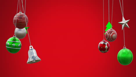 Animation-of-hanging-baubles,-tress,-bell-swinging-against-red-background