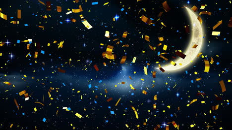 Animation-of-confetti,-crescent-moon-and-spot-lights-on-black-background