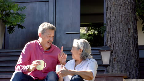 Happy-biracial-senior-couple-sitting-and-drinking-tea-in-sunny-garden