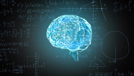 Animation-of-glowing-blue-brain-over-mathematical-equations-on-dark-background