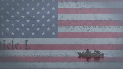 Animation-of-flag-of-usa-and-text-of-constitution-over-people-in-boat